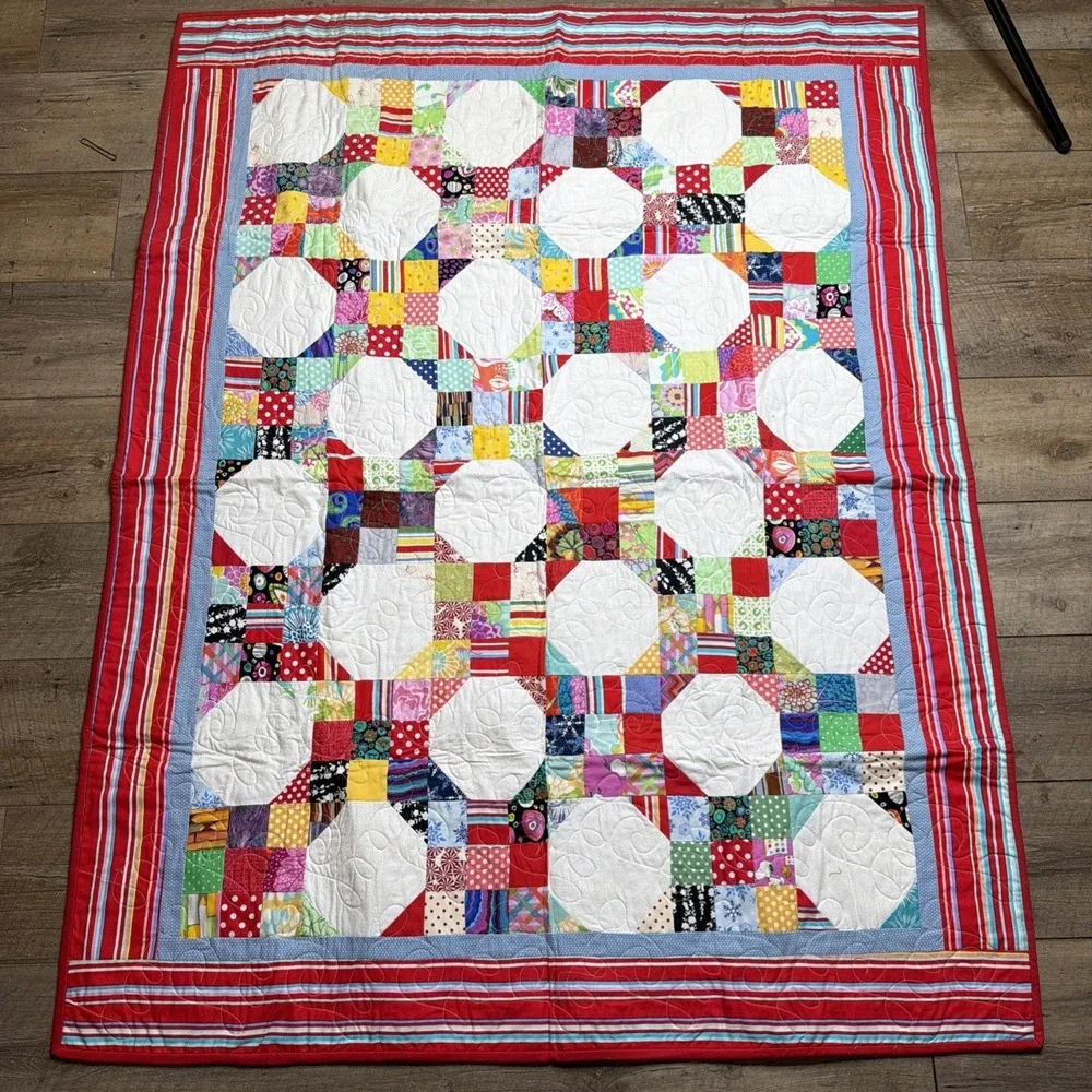 Huge Vintage Patchwork Quilt Retro Floral Geometric Mod Multi-Color 57" X 44" - Picture 1 of 7
